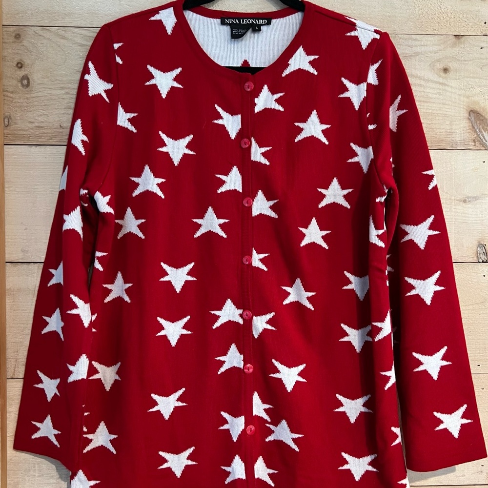 Nina Leonard Red Knit Button Up Cardigan Sweater With White Stars Patriotic L